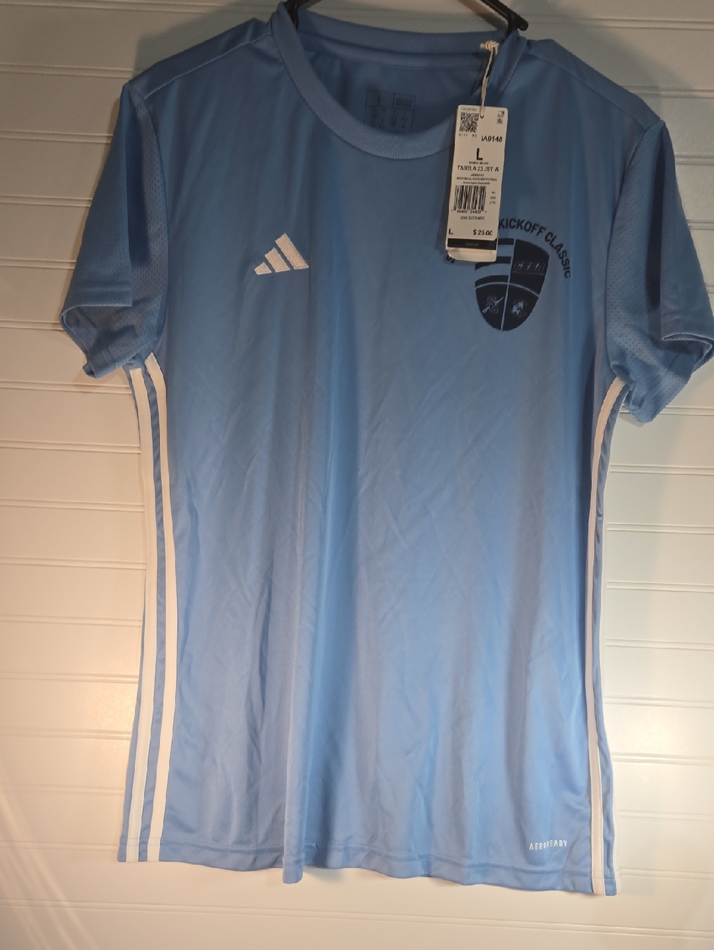 adidas Boys Light Blue Soccer Jersey with White Stripes